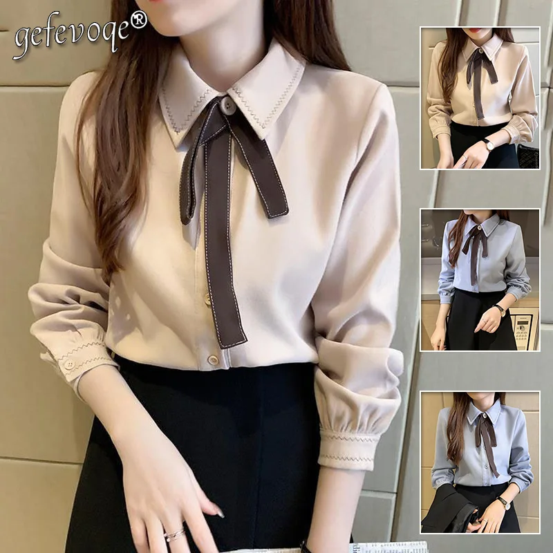 Preppy Style Bow Button Solid Color Sanding Shirt Spring Autumn 2022 New Peter Pan Collar Long Sleeve Loose Top Women's Clothing