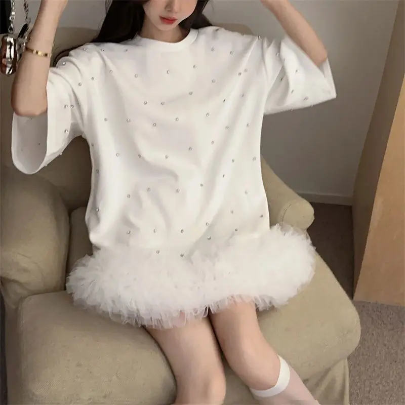 Goddess Fan Heavy Industry Diamond Mesh Splicing Dress 2024 Summer New Loose and Slimming Casual T-shirt Skirt