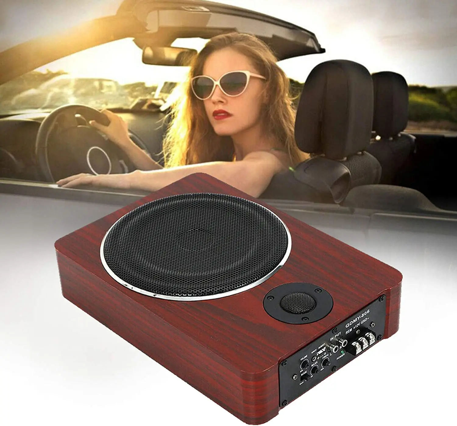 8" Under-Seat Powered Car Subwoofer Active Hideaway Car Truck Wood Subwoofer Amplifier Bass HiFi Slim Speaker 600W 12V