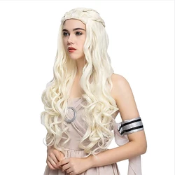 HAIRJOY włosy syntetyczne kobiety blond peruka do cosplay długie kręcone plecione peruki kostiumowe peruka królowej