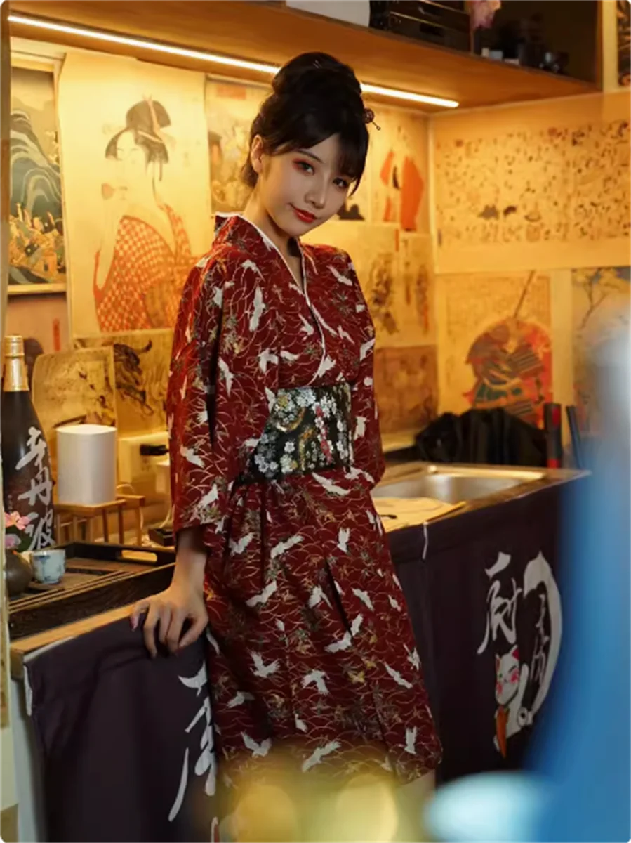 

Japanese Cuisine Women Kimono Short Dress Summer Sushi Inclued Belt Waiter Spring Vintage