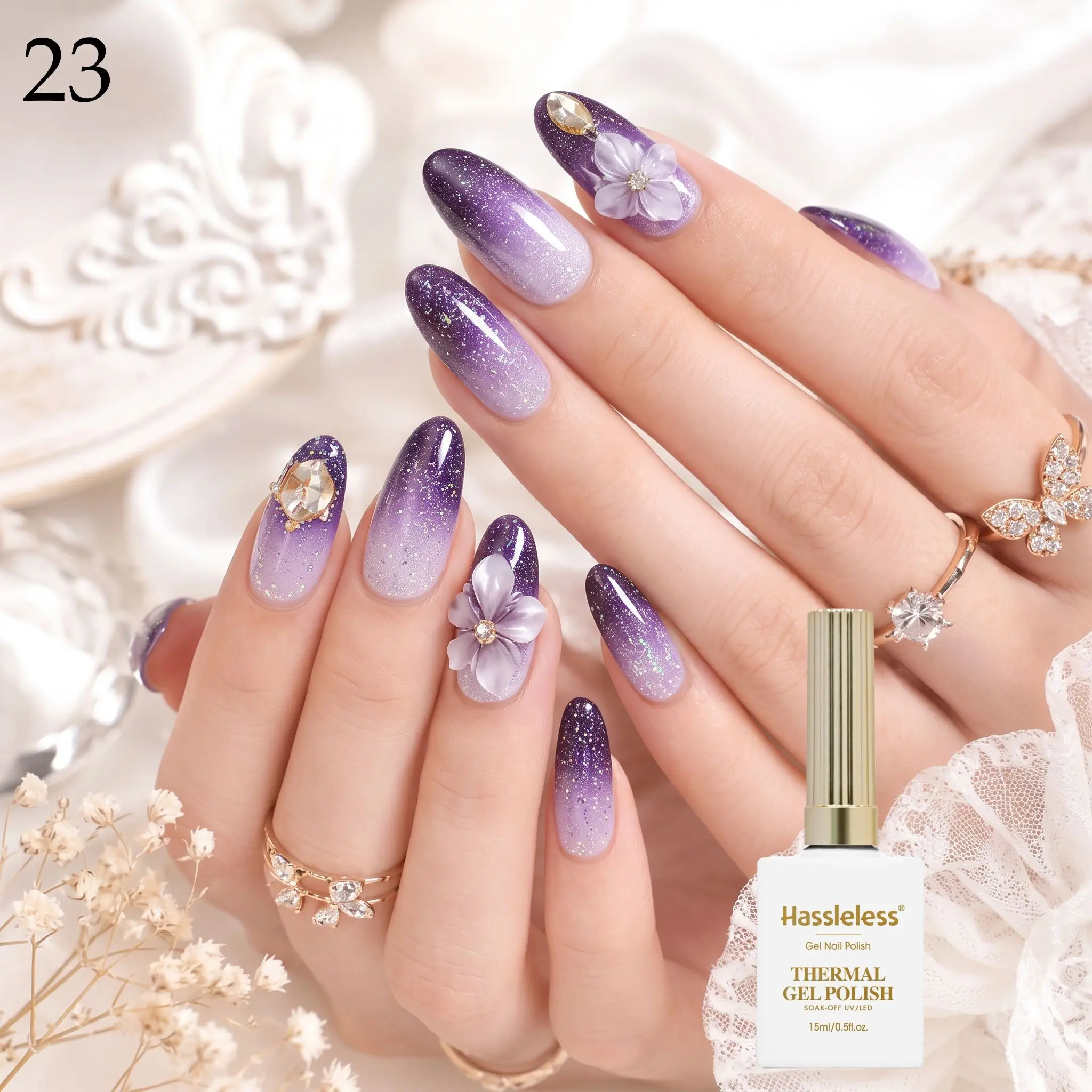 Hassleless Fine Laser Glitter Purple Temperature-Changing Nail Polish Gel, Single Tube, Moderate Gel Consistency, Smooth Application