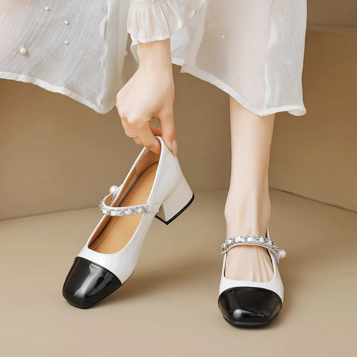 

Gorasion туфли-лодочки с квадратным носком, женские туфли Мэри Джейн на среднем каблуке, лоскутная кожаная французская элегантная обувь, женская обувь с жемчугом ручной работы