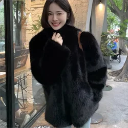 Autumn Winter Thick Warm Soft Hairy Shaggy Faux Fur Coat Women Stand Collar Luxury Loose Casual Fluffy Jacket 2024