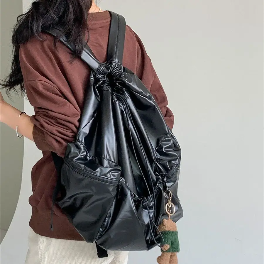 LEFTSIDE 2023 Silver Drawstring Back Pack Big PU Leather Korean Fashion Backpack for Women School Bags for Teenagers Girls