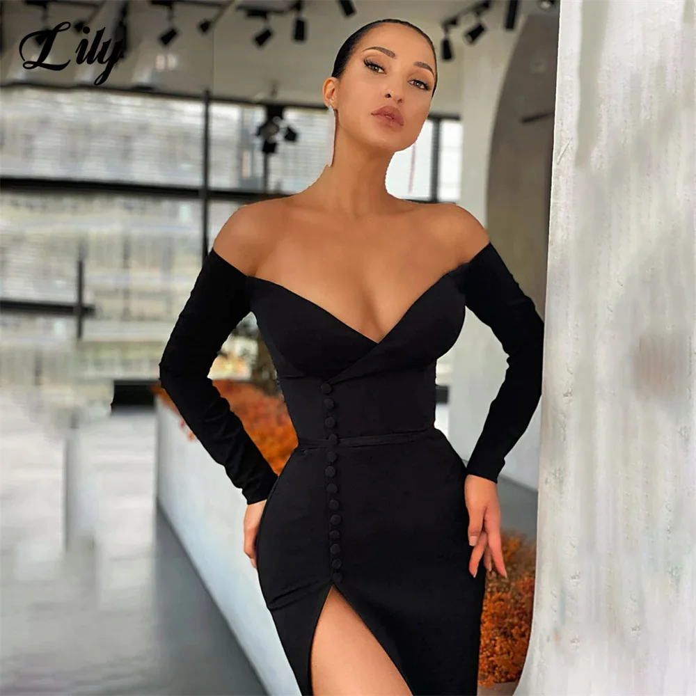 Lily Black Stain Mermaid Prom Dresses Off the Shoulder Full Sleeves robes de soirée V Neck Button Side Split Women Evening Dress