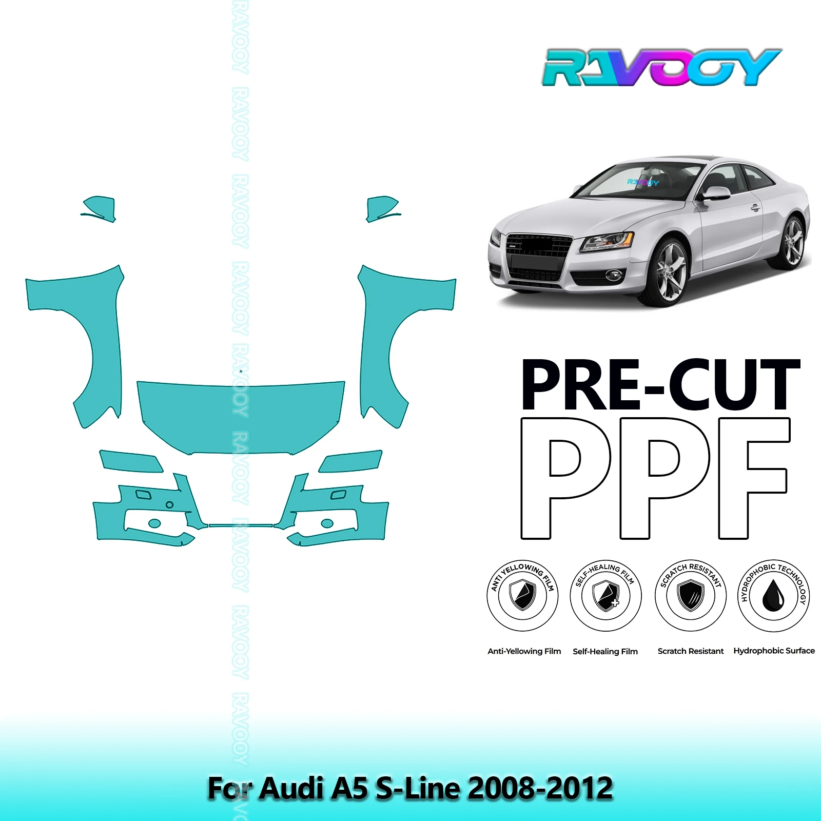 For Audi A5 S-Line 2008-2012 Partial Front 8.5Mil Pre-Cut Paint Protection Film PPF Stone Chip Kit | Clear/Matte/Black Options