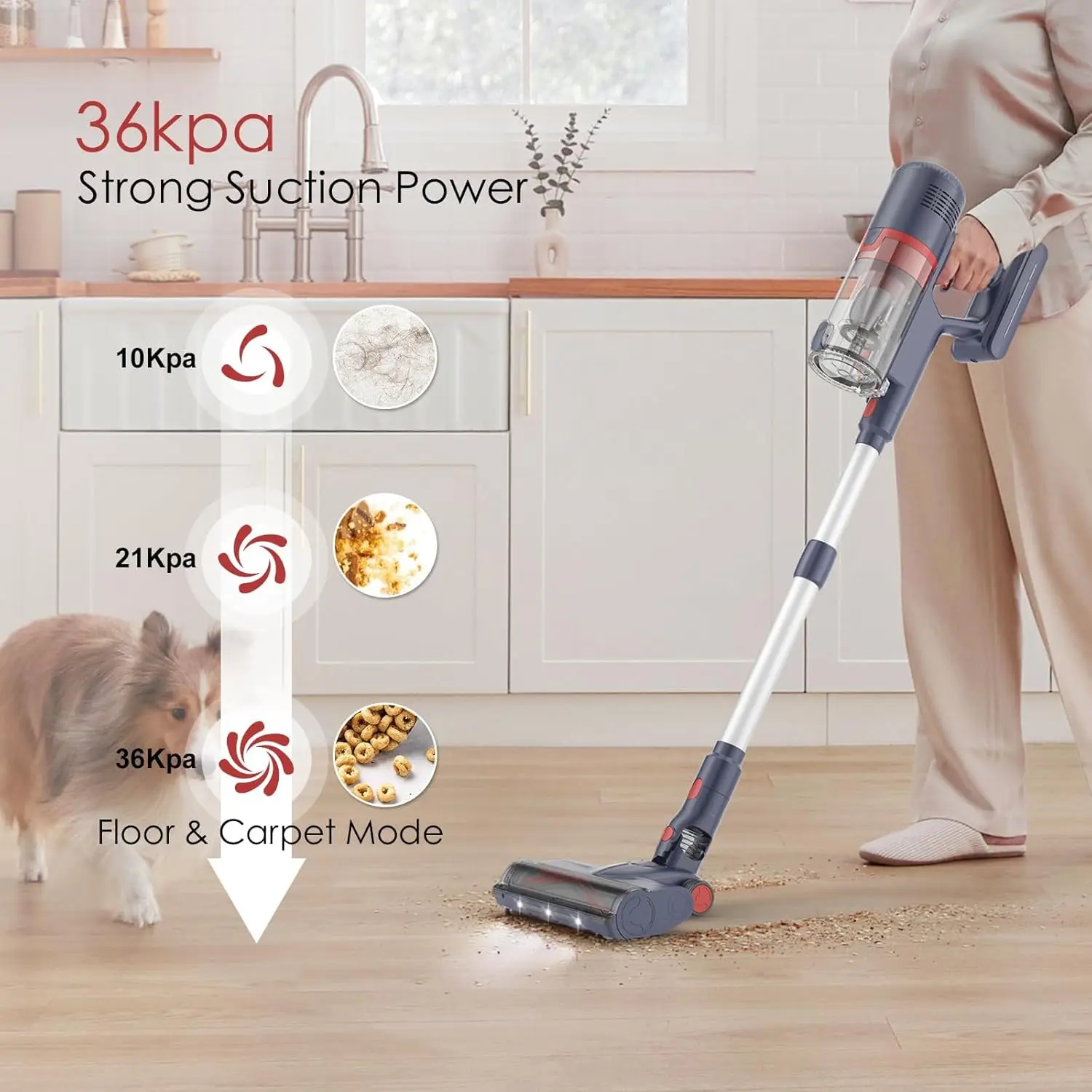 Cordless Vacuum Cleaner, 36Kpa Stick Vacuum Cleaner with Upgraded Cyclone System, 2-Mode Floor Head, 60 mins Detachable