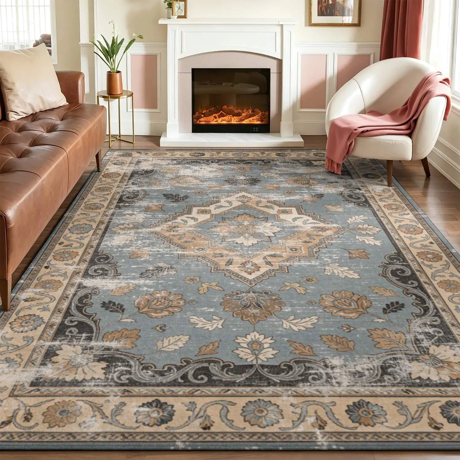 1Pc 2D Printed Blue-Gray Retro Floral Carpet European-Style Rug for Home Decor, Available in Multiple Sizes, Machine Washable, Can Be Used as an Entrance/Dining/Foyer/Bedroom/Living Room Mat.