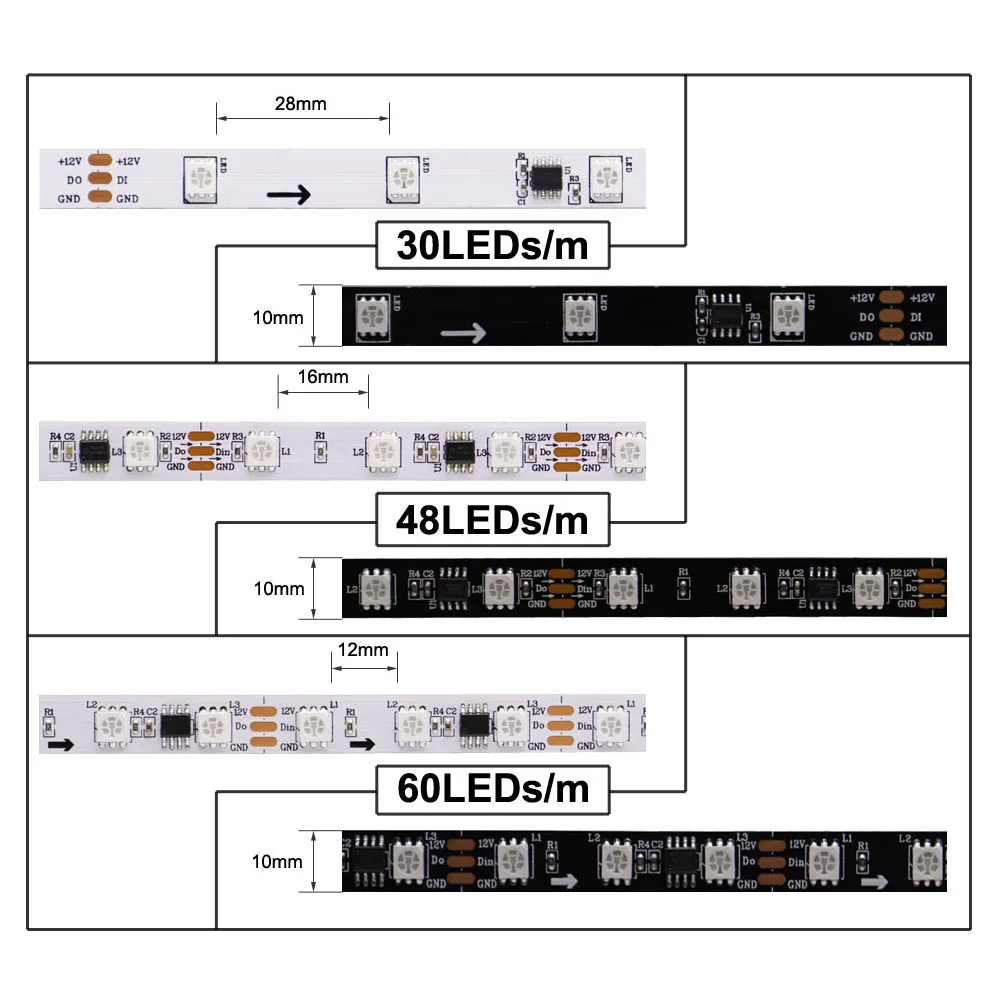 Imagem -03 - Rgb Pixel Endereçável Inteligente Led Lighting Strip Luzes Led 5050smd Preto Branco Barra de Lâmpada Pcb dc 12v 30 48 60pixels Leds m Ws2811