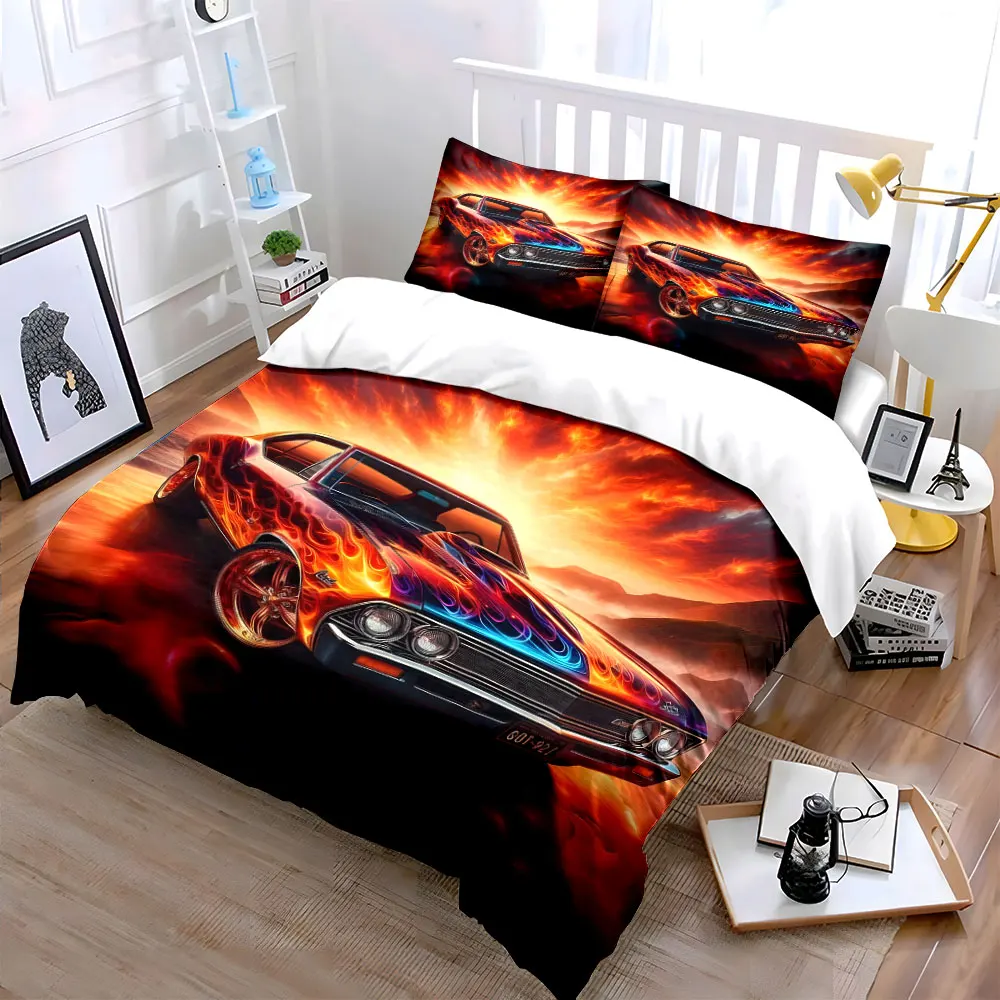 Classic car with fiery sunset painting Bedding Set for Kids Luxury Gift 3pcs Digital Print Comforter Set Soft Comfortable