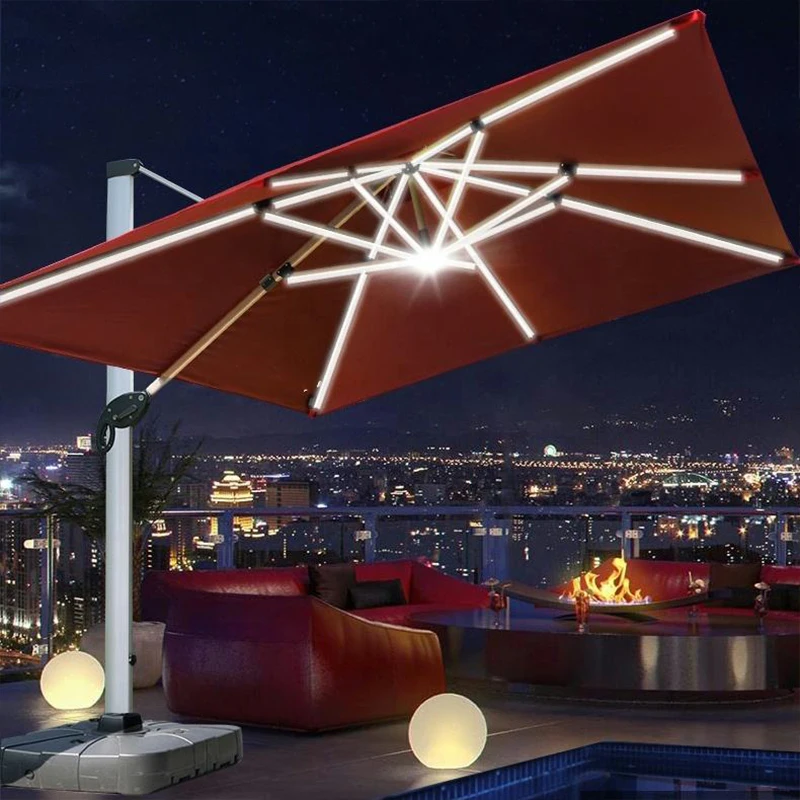Large Heavy Duty Patio Umbrella LED Lights Commercial Offset Cantilever Outdoor Parasol Windproof Waterproof Garden Sunshade