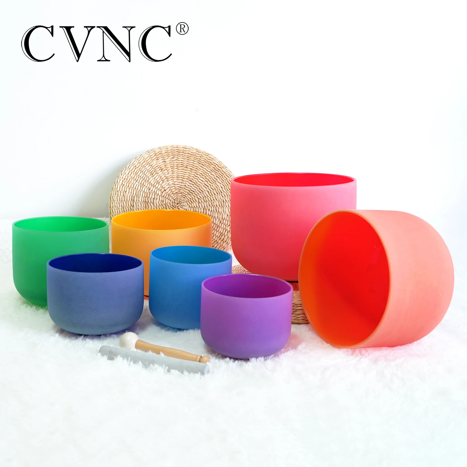 

CVNC 432HZ 6-12 Inch Colored Frosted Quartz Crystal Singing Bowls Set of 7pcs for Sound Healing with Carry Bags
