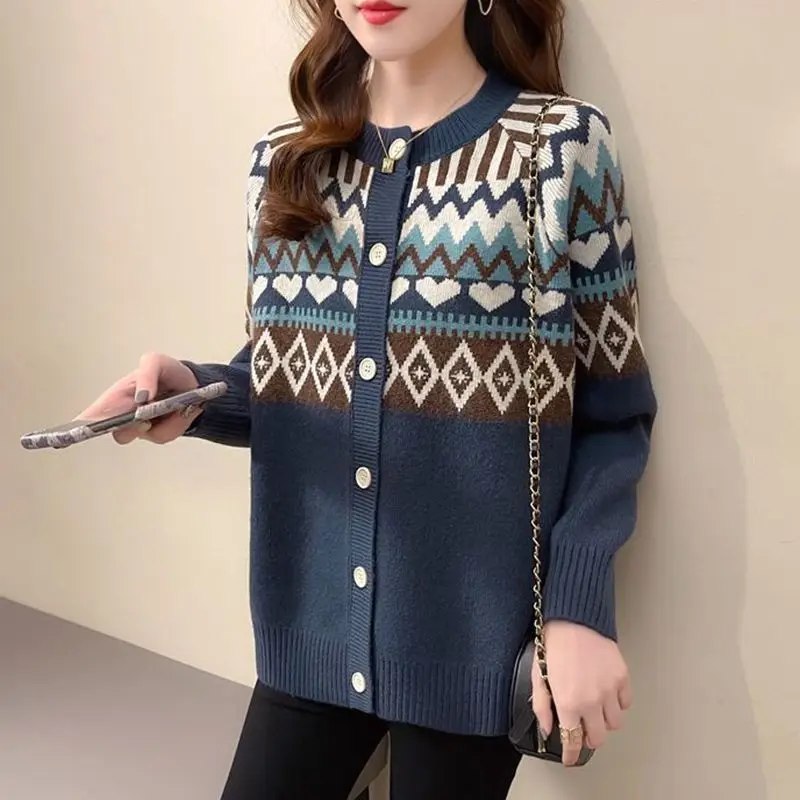 Love Jacquard Long Sleeve Knitting Cardigan Coat Women Autumn Loose O-neck Sweater Office Lady All-match Fashion Knitting Tops