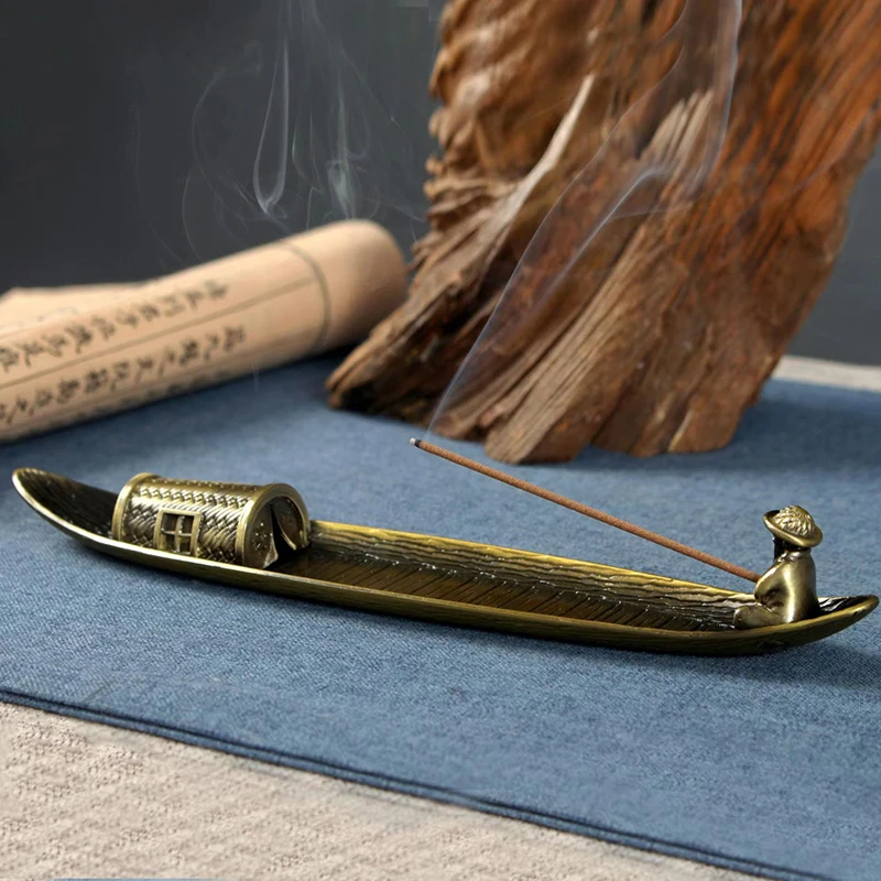 1PC Vintage Bronze Small Incense Burners Ornaments Bamboo Raft Incense Base Incense Stick Holder Stand Tray Ash Catcher Plate image 5