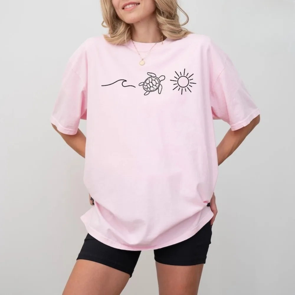 Ocean Turtle Sun T-Shirt Summer Shirt Gift for Women Beach Harajuku Tops Summer Women Short-sleeve Clothes Cotton Tees