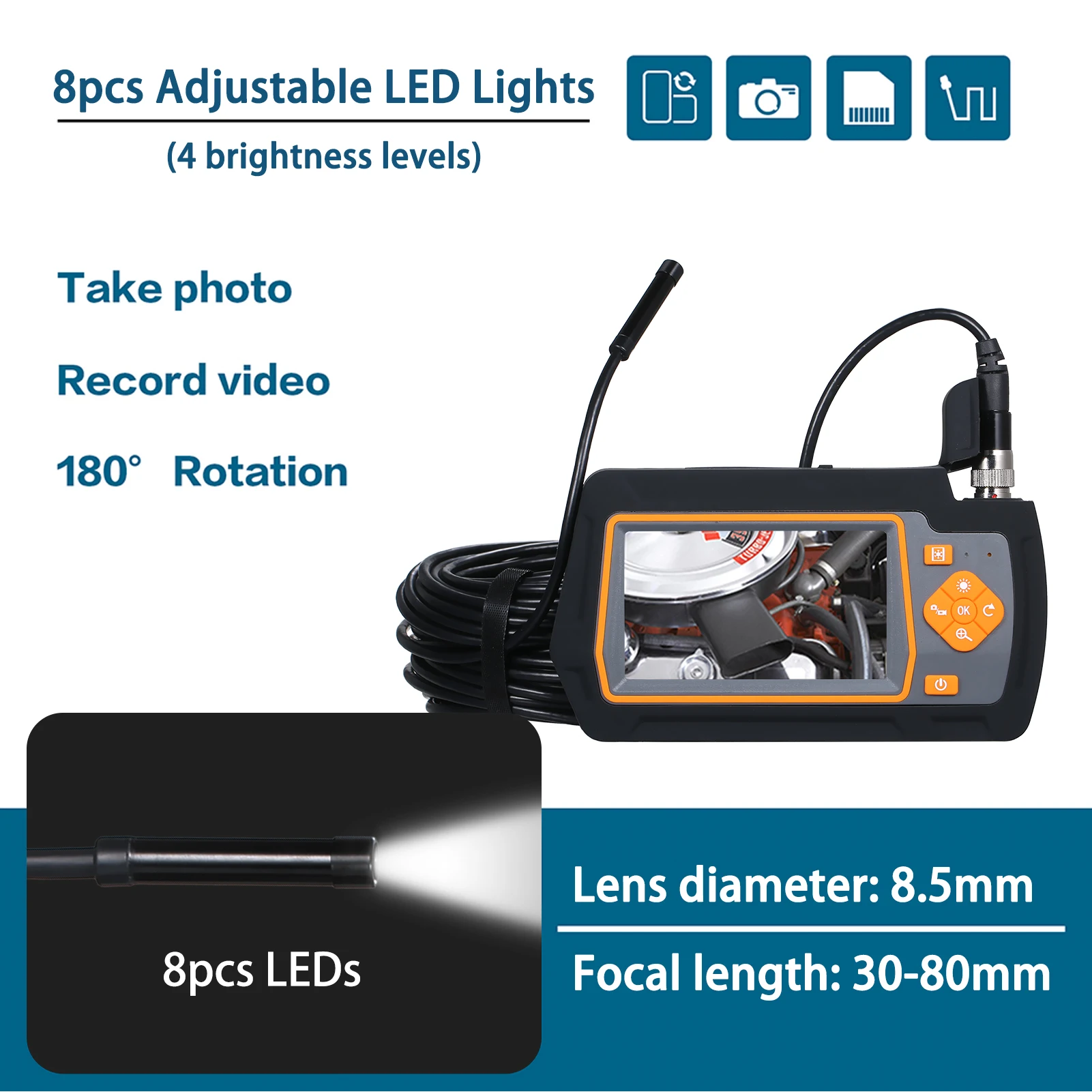 8.5mm Industrial Endoscopes with 4.3 Inch IPS Screen 20M/65.6FT Hose 1080P High Definition Borescope Inspection Camera