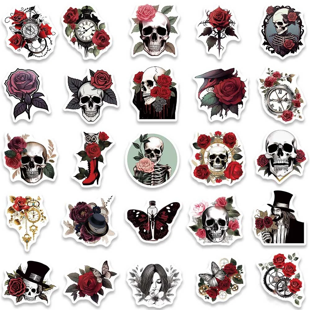 50pcs Punk Skull Rose Art Stickers Pack Laptop Stationery Phone Journal Accessories Sticker Aesthetic Diy Scrapbooking Materials