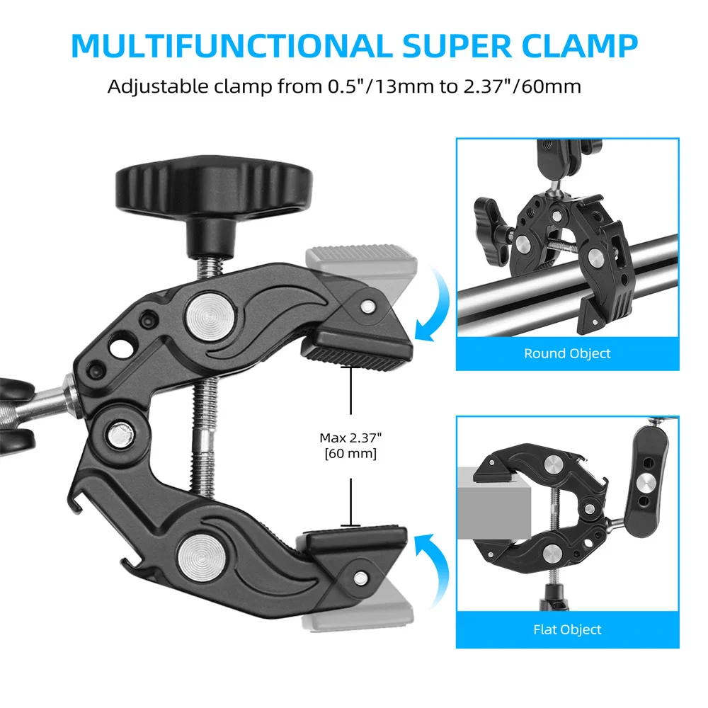 2024 New Aluminum Double Super Clamp Magic Arm Clip with 1/4 Cold shoe 360 Dual-Head Super Clamp for Umbrella Monitor LED Light