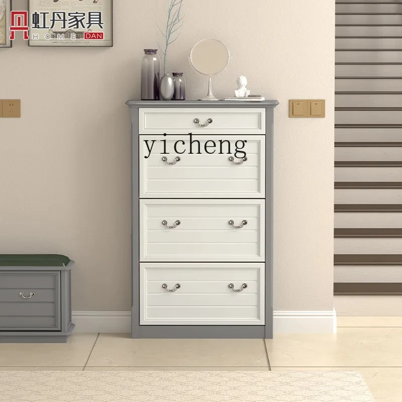 GZ-1   Pure Solid Wood Tipping Bucket Shoe Cabinet American Ultra-thin Shoe Rack Household Entrance Door Premium Gray view 3