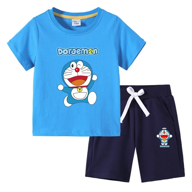 Doraemon  Children's T-Shirt Shorts Summer girl boy New Short Sleeve Cotton Children's Short Sleeve Medium Pant Suit