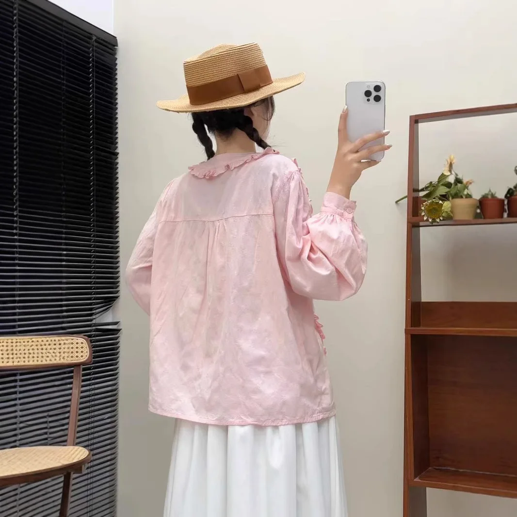 اليابانية الحلو موري فتاة بلون الكشكشة المرقعة تي شيرتات قطن المرأة ربيع الخريف س الرقبة طويلة الأكمام بلوزة غير رسمية بلايز