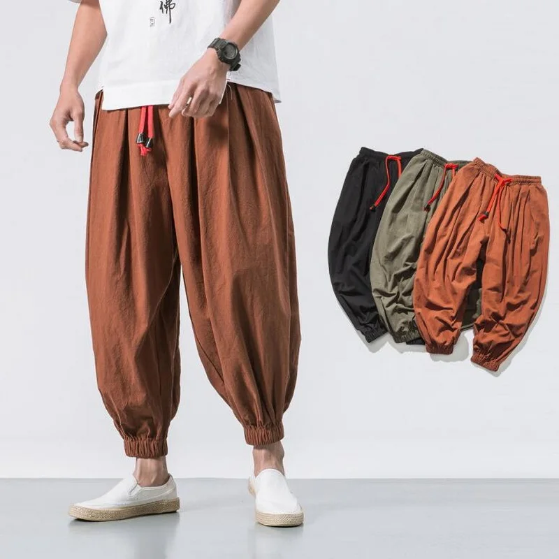 Men Harem Pants Youth Streetwear Casual Joggers Mens Casual Pants Cotton Linen Sweatpants Ankle-Length Men Trousers More Styles