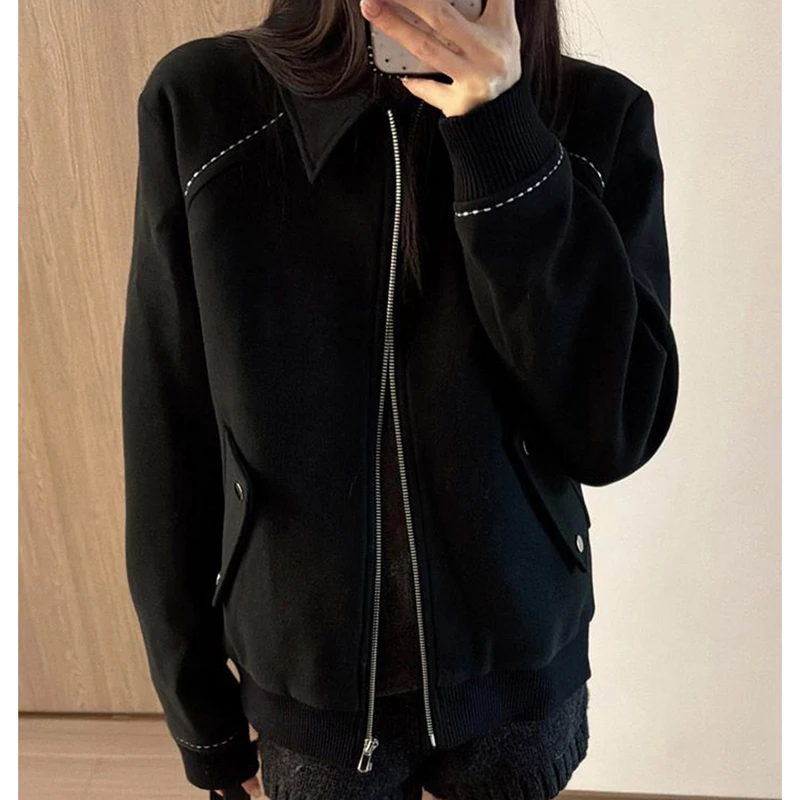 American Vintage Baseball Jacket Women Streetwear Casual Loose Black Zipper Coats Autumn Retro All Match Long Sleeve Outwear New