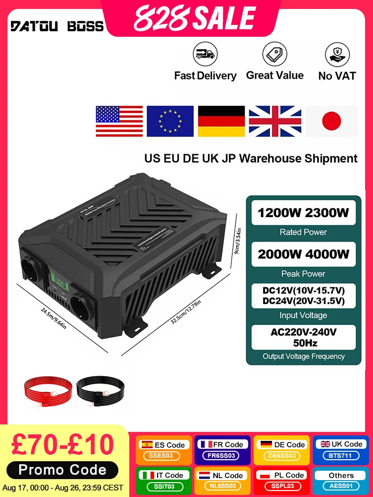 DATOUBOSS 1200 W 2300 W tragbarer Dual-Spannungs-Wechselrichter DC12V-24V Auto-Switching PureSineWave-Wechselrichter für RV Off-Grid-Solarsystem