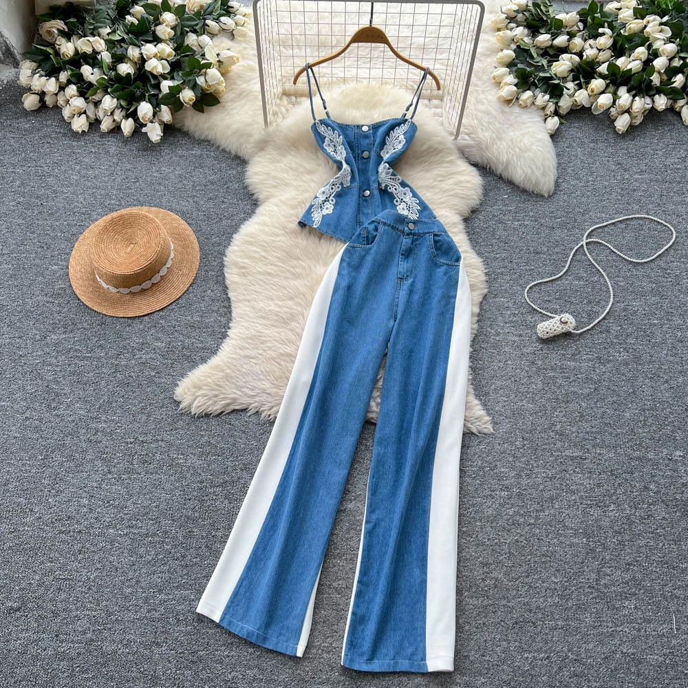 

Сексуальные комплекты из двух предметов. Шикарный лоскутный кружевной топ с карманами и модные комплекты широких брюк с высокой талией.