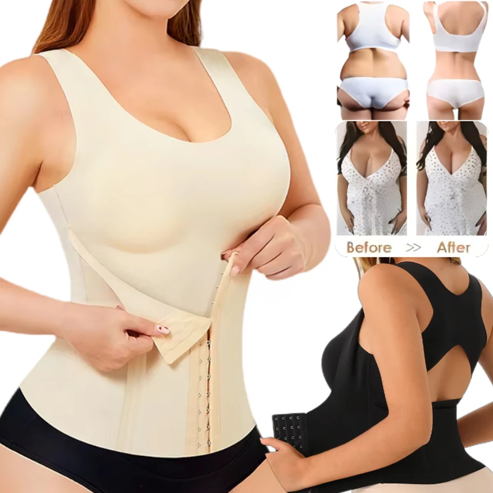 Women's Padded Tank Top Built-in Bra Slim Fit Camisole Undershirt Yoga Sports Vest 3-in-1 Waist Trainer Vest Body Shapewear