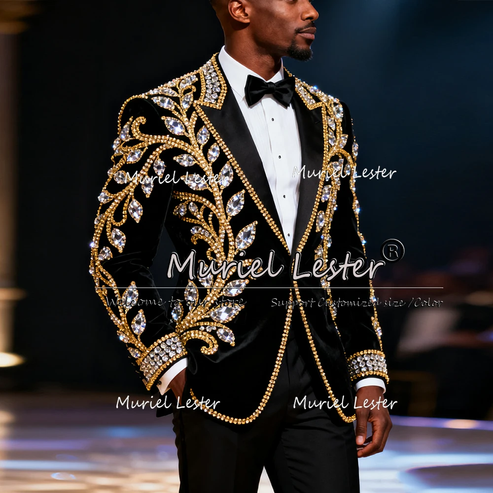 Exclusive Beaded Stones Suits Men Customized Velvet Groom Wedding Tuxedos 3 Pieces Sets Notched Lapel Prom Blazers Costume Homme