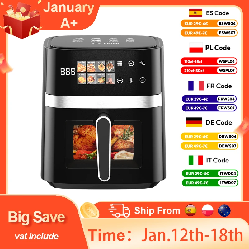 Patbrela Friteuse à air 5,5 L Four chaud électrique 8 en 1 avec écran LED numérique Fenêtre visible Max 200 ° C 1350W Nouvelle Friteuse No Graisse Noire
