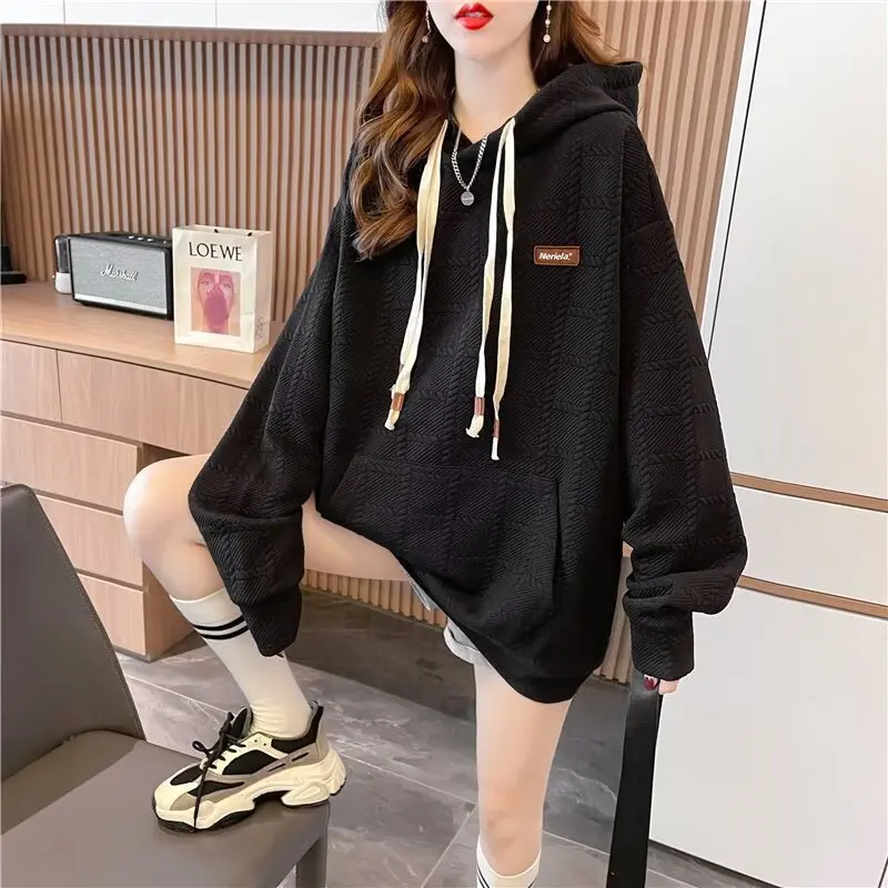 Bluza z kapturem damska jesienno-zimowa, wersja koreańska, luźny krój, niszowa, z grubym welurem, dla niskich, waflowa.