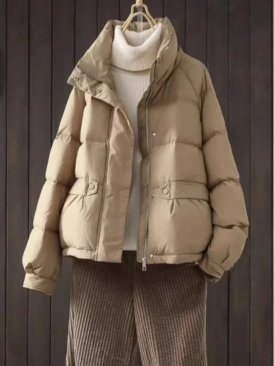 

Korean Sle ort Cotton Jaet Stand Collar Bread Design Women's Faion Meat Concealing Outerwear Winter New Arrival