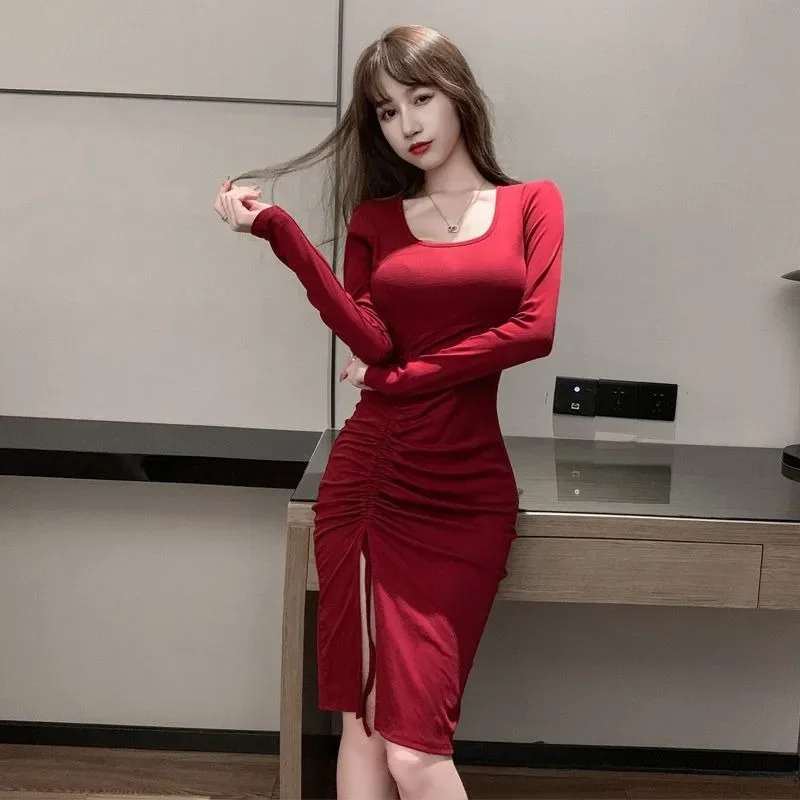 فساتين متوسطة الطول سوداء برقبة على شكل حرف U للنساء للنوادي الليلية، فستان جمالي مرن من قطعة واحدة كلاسيكي Kpop كاجوال للشباب بأكمام طويلة #6