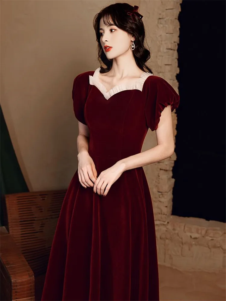 Wine Red Dress for Women Spring and Summer New Splicing V-neck Short Sleeve Long A-line Skirt Velvet Female Clothing M272