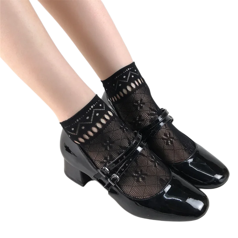 Women\'s Black Fishnet Ankle Socks Retro Floral Dress Hollow Out Nylon Elastic In Patterned Short Socks