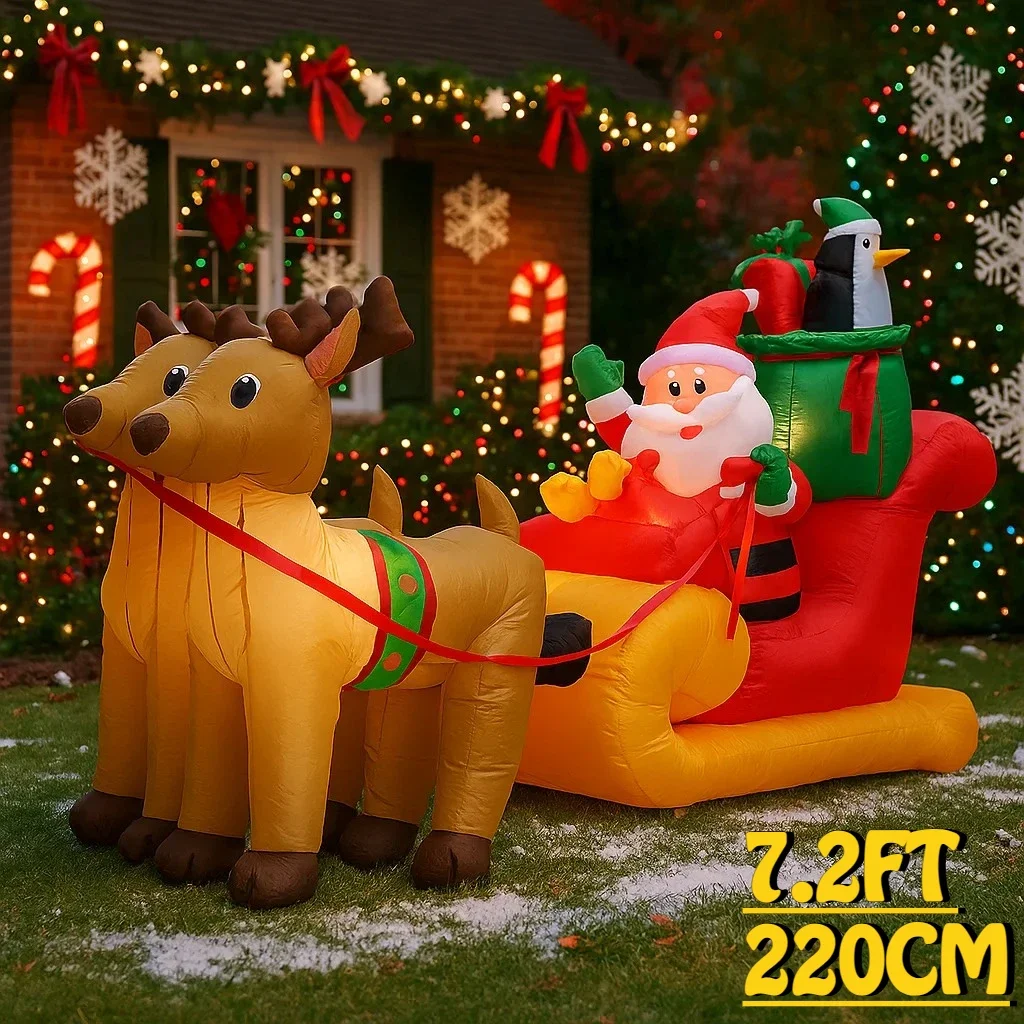 

7.2FT Santa Claus Reindeer Sleigh Inflatable Christmas Decorations Ornaments Lights Outdoor Decoration Yard Holiday Party Toys