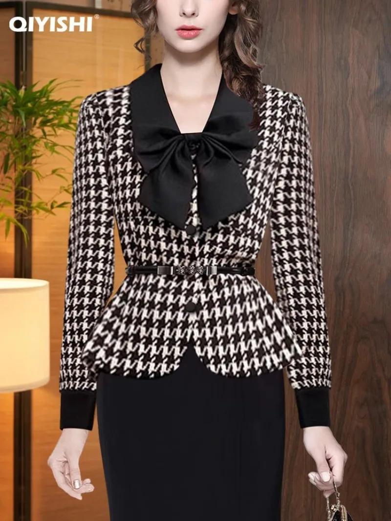 2026 Spring Fashion Little Fragrant Style Celebrity Thousand Bird Grid Coat Women New Design Sense Niche Waist Cinching Slim Top