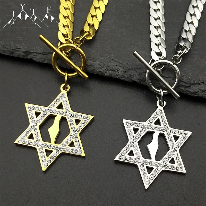 

Israel Map Hexagram Magen Star of David Pendant Necklace for Men Women Stainless Steel Rhinestones Jewish Hip Hop Chain Jewelry