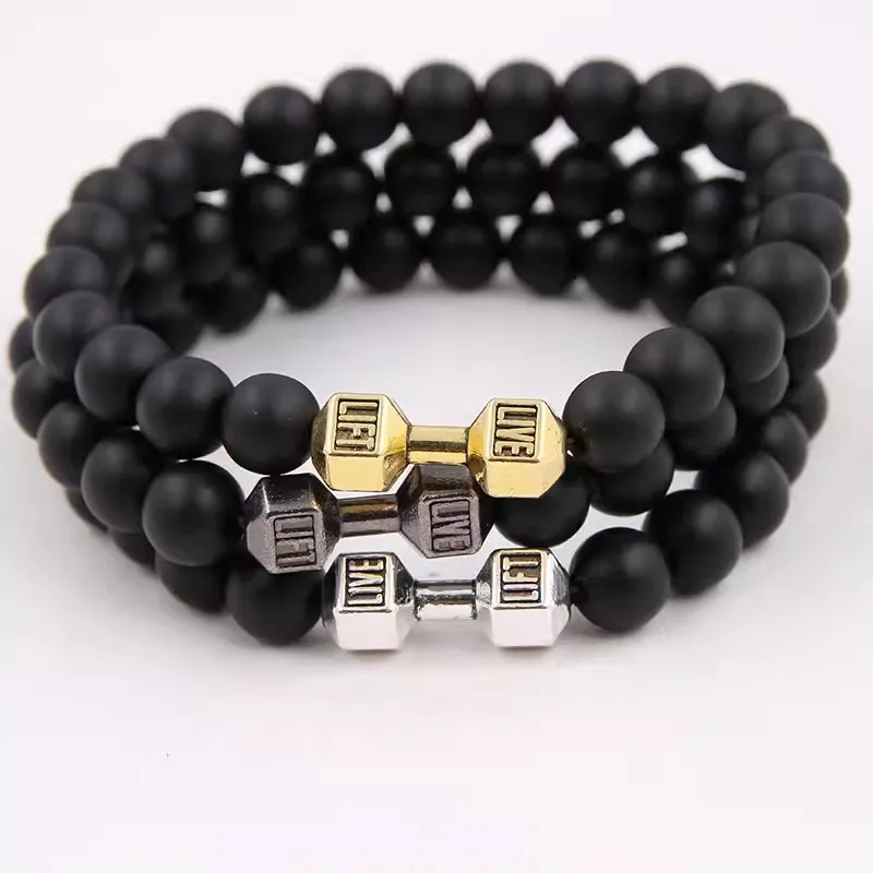 Natural Volcanic Stone Bracelet Men Matte Black Lave White Beads Charm Dumbbell Strand Bracelets Women Barbell Fitness Jewelry