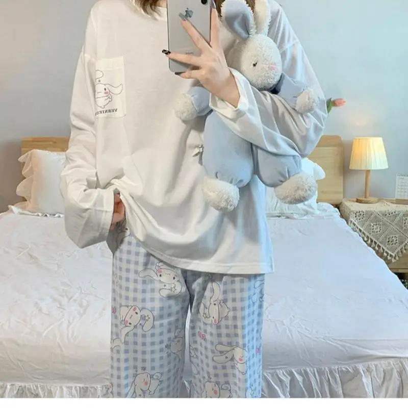 Kawaii Sanrios Cinnamoroll piżama z okrągłym dekoltem Anime śliczne dziewczyny bielizna nocna wiosna jesień Homewear Cartoon luźne długie rękawy