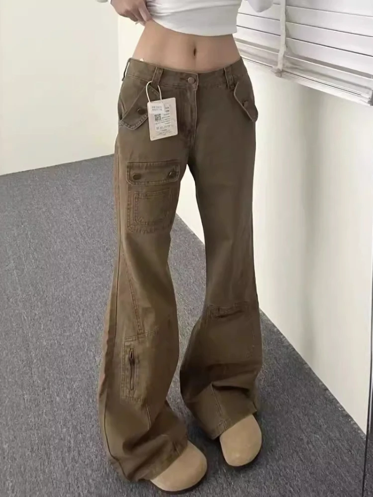 Jeans cargo retrò Jeans lavati kaki con fondo a campana Donna Estate American Streetwear Pantaloni elasticizzati slim larghi Jeans denim versatili