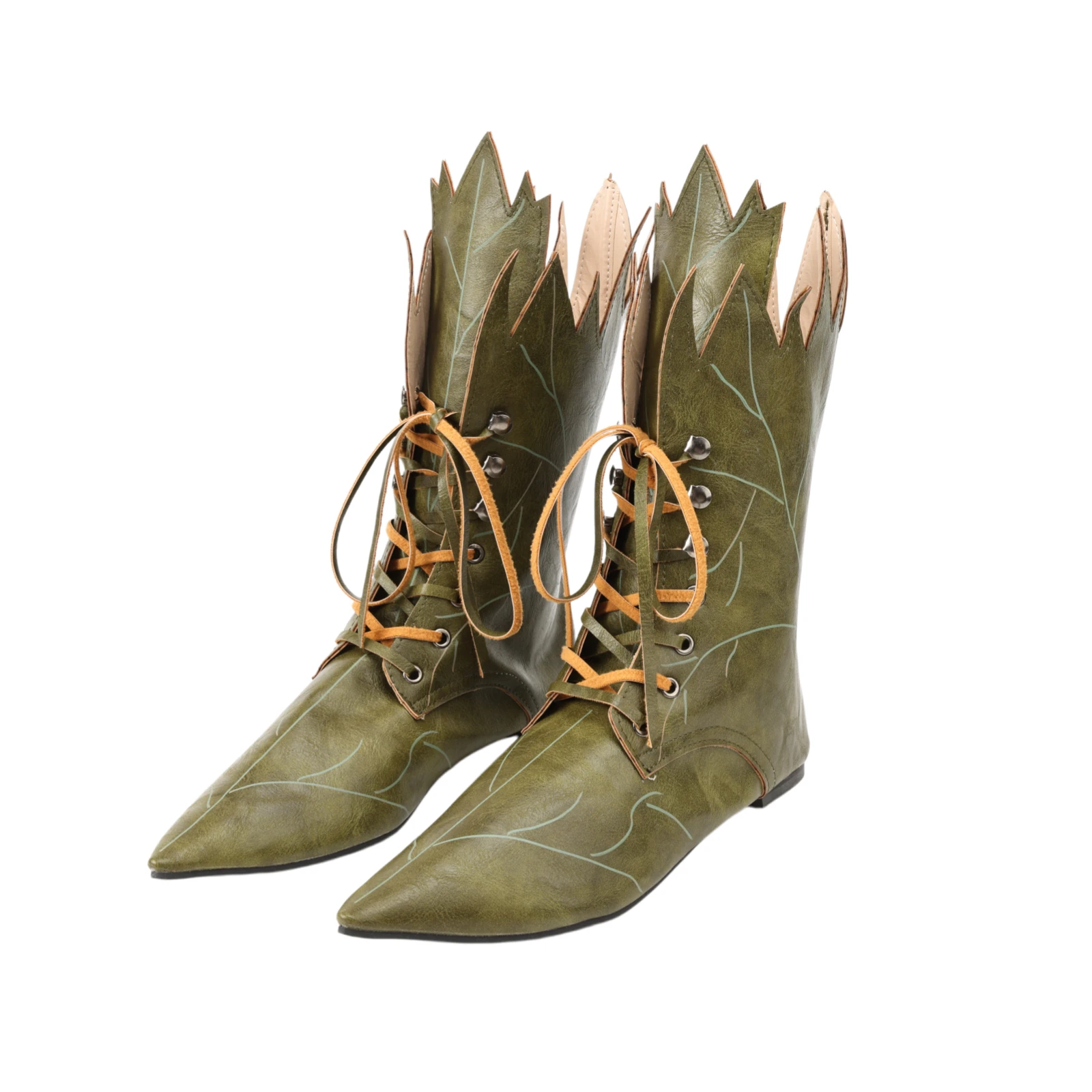 AwwwCos Women Elf Ankle Boots Forest Leaf Pointed Toe Lace Up Booties Fairy Medieval Renaissance Shoes for Halloween Cosplay
