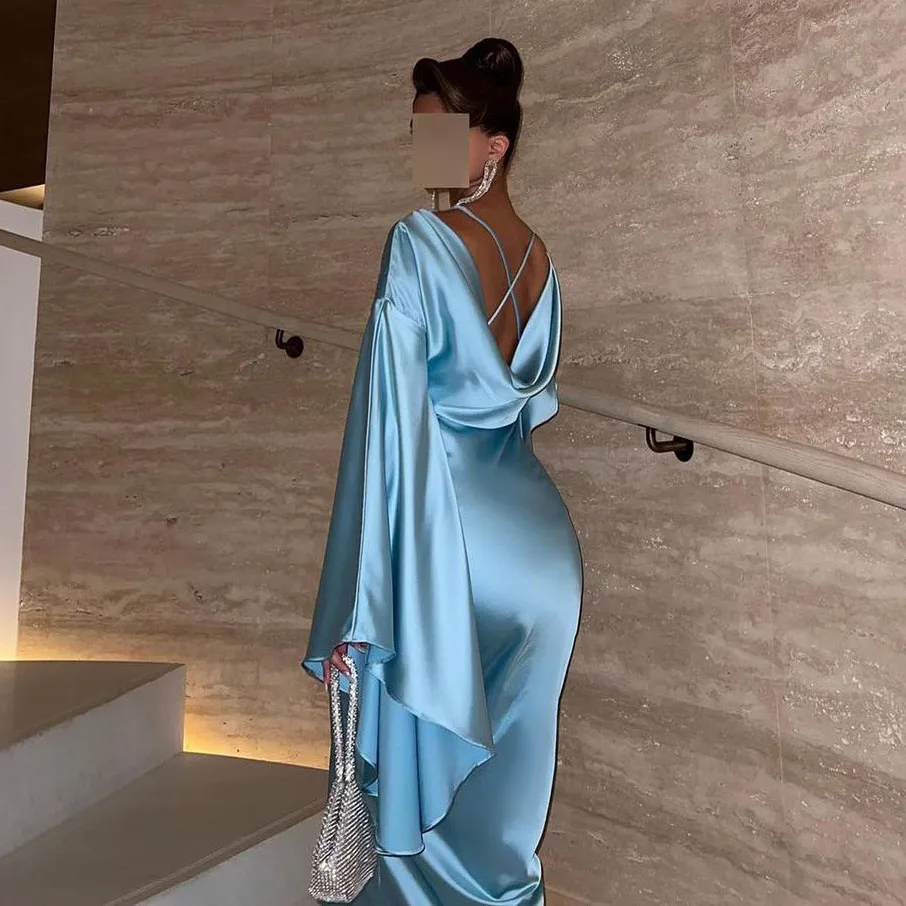 Elegant Sky Blue Evening Dress Flare Sleeves Mermaid Prom Gown Criss-Cross Long Vestidos De Fiesta Elegantes Para Mujer2024