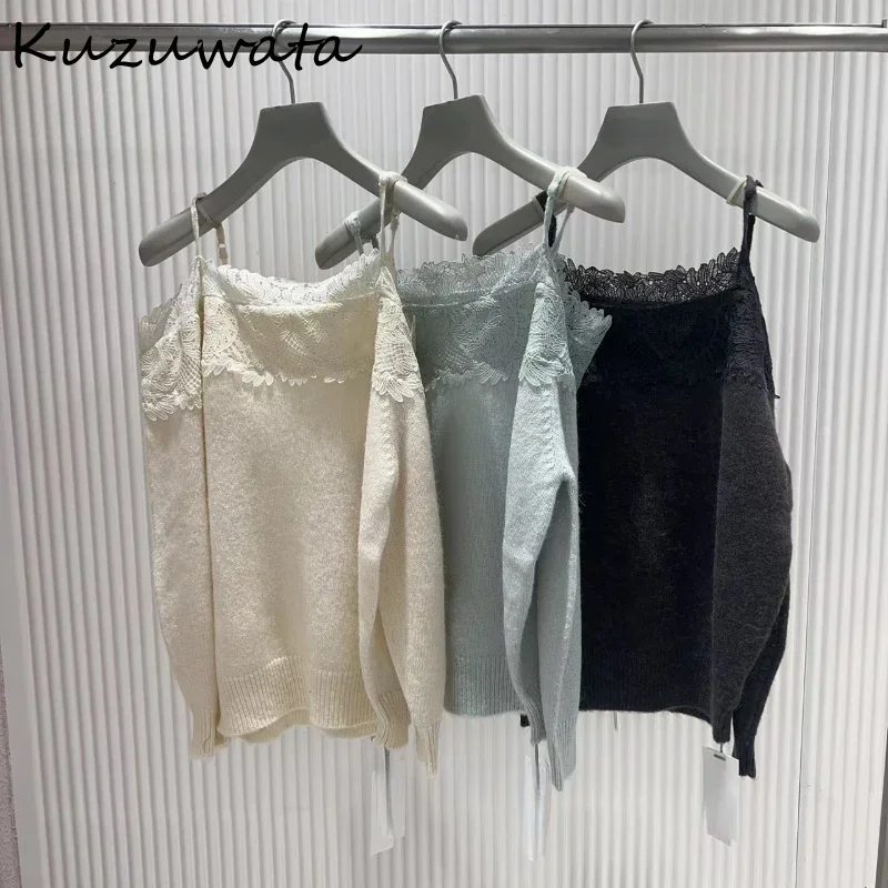 Kuzuwata Slash Neck Long Sleeve Sweet Fresh Jumper Solid Lace Shoulder Strapless Sling Pullovers Japan Moda Loose Woman Sweaters