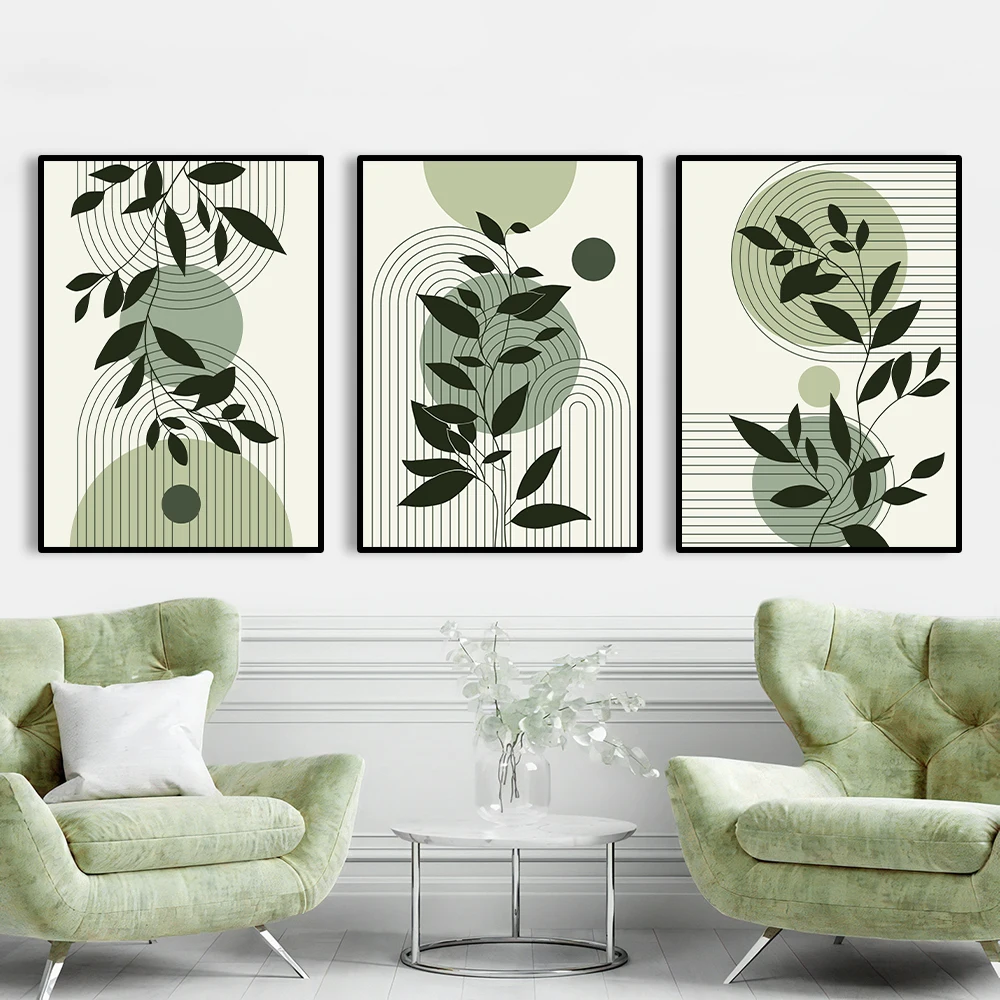 

Canvas Set of 3 Abstract Wall Art Prints Botanical Floral Sage Green Artwork Mid-Century Boho Wall Art Living Room poster