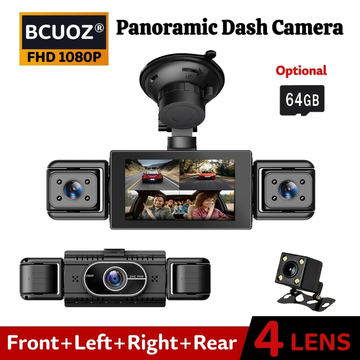 BCUOZ 4-Lens Dashcam 360° Car Video Recorder Black Box 1080P Front 720P Rear Left Right Cameras Super Night Vision Loop Recording G-Sensor WDR 12-24V Power Supply 64GB Card Optional