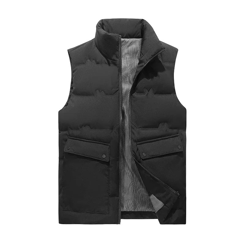 

Pleated Down Vests Men Windproof Stand Collar Winter Cargo Vests Classic Large Pockets Solid Warm Waistcoats Male